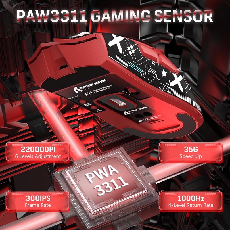 Magic-Refiner Attack Shark X11 59g Superlight Wireless Gaming Mouse with Grip Tape, RGB Charging Dock，BT/2.4G Wireless/Wired Pc Mouse, 22000 DPI,5 Programmable Buttons for Pc/Mac(Red) - Image 4